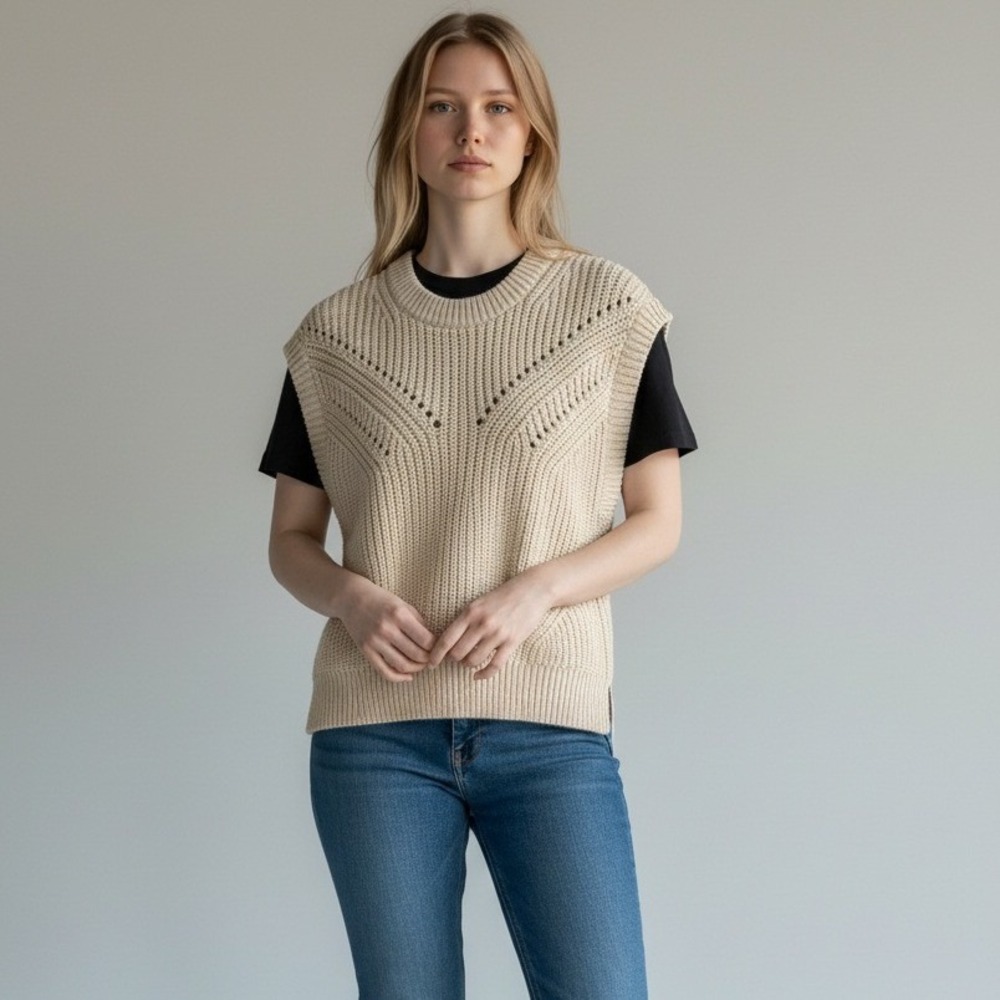 Madewell Mariella Pointelle Cable Knit Vest Sweater Beige XS Layering Chic NWT